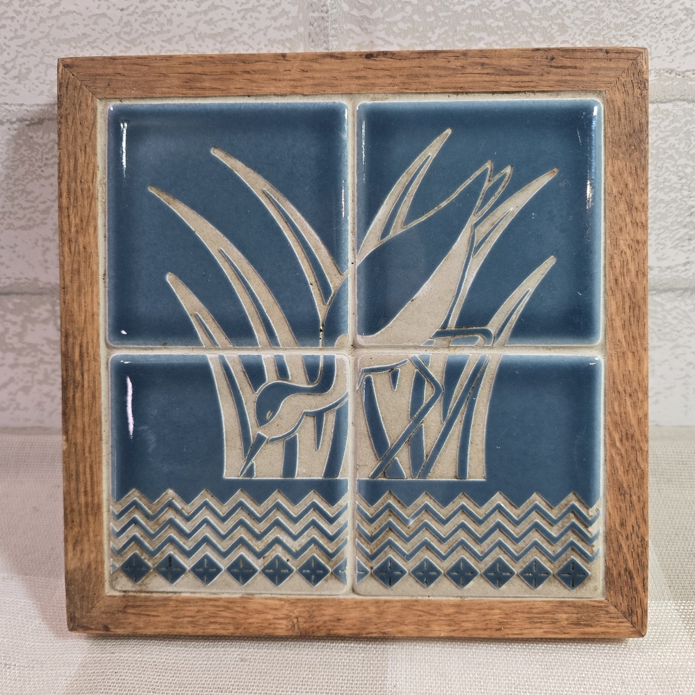 Glass Horizon Tile Artwork 1989 Waterfowl and Reeds Green Tile Wood Frame & Base